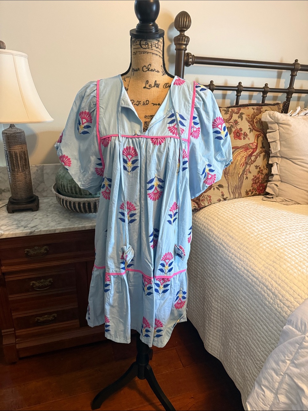 Umgee Light Blue Embroidered Floral Tunic Dress with Pink & Navy Accents